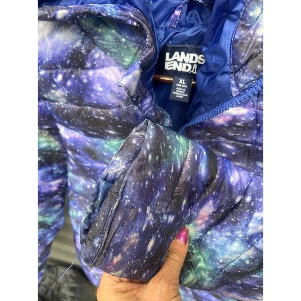 Lands End Galaxy Print Hooded Puffer Jacket Kids XL 14-16 Purple Blue Star Coat